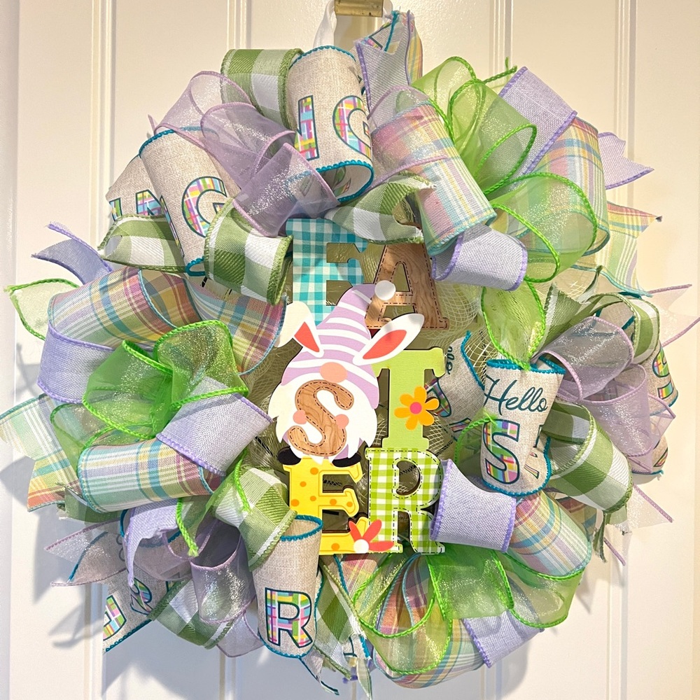 13” Ribbon Wreath "EASTER " Gnome Sign Hello Spring Handmade MW7 - Picture 4 of 11